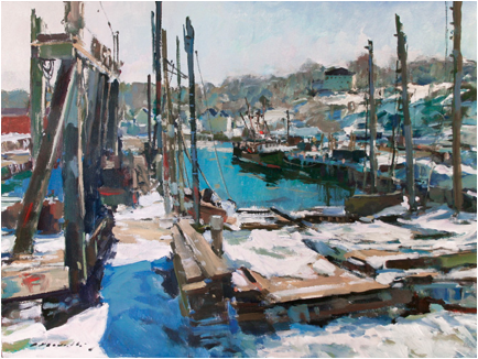 "Marine Railways, 2014'' (acrylic on canvas), by Charles Movalli (1945–2016), in the show "Charles Movalli; Cape Ann & Beyond,'' at the Cape Ann Museum, Gloucester, Mass. March 4-May 21.