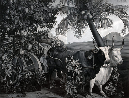 "Hitched'' (after Desportes and Handecoeter), by Shelly Reed, in her show "A Curious Nature,'' at the Fitchburg Art Museum, through June 4.