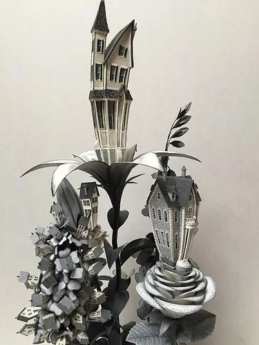 "Black/White Houseplant,'' by James Grashow, in his show "Corrugated World: The Art of James Grashow,'' at the Flinn Gallery, Greenwich, Conn. The show features corrugated board sculptures and detailed woodcut prints.  