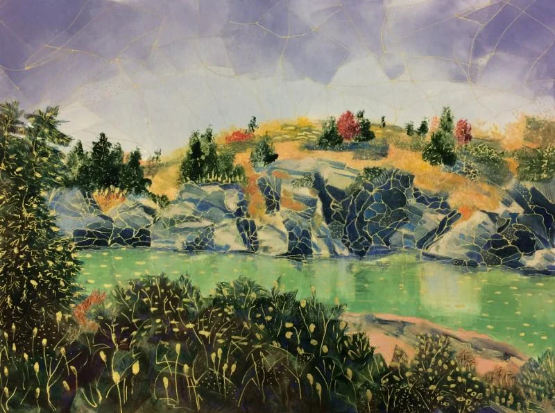 "Fall, Fort Wetherill, Jamestown {R.I.}'' (monotype, archival ink, colored pencil), by Elizabeth Goddard in her show with Regina Partridge, "The Lay of the Land,'' at the Providence Art Club.