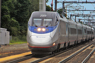 Amtrak Acela train in Old Saybrook, Conn. The Acela is a fast train by U.S. standards but much slower than high-speed trains in most of the rest of the Developed World.