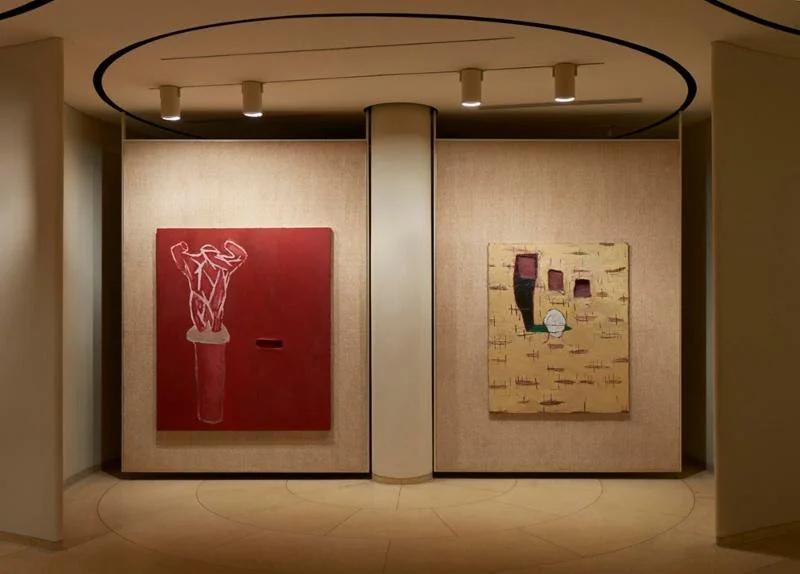 From left, "Accattone, 1978'' (oil wax, modeling paste on canvas). Right: "Jack the Bellboy / A Season in Hell, 1975'' (joint compound, Rhoplex, oil, plaster, wire mesh on canvas), by Julian Schnabel. in the show "Wax Paintings from the 1970s,'' at the Glass House Museum, New Canaan, Conn,. through June 5. (The celebrated Glass House, with its, yes, its glass exterior walls, was designed by the late famous Modernist architect Philip Johnson in a bucolic setting in a rich New York City suburb. -- Photo by Andy Romer