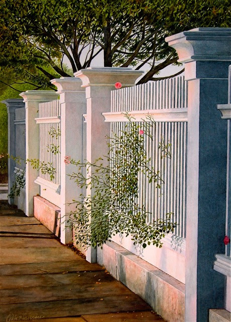 "Rise to Meet the Dawn'' (watercolor), by Peter Hussey, in the show "Stops Along the Way,'' at the Newport Art Museum, through Aug. 6. Mr. Hussey finds immense beauty in old New England buildings.