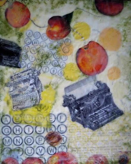 "Do I Dare to Eat a Peach #2'' (encaustic), by Nancy Whitcomb.