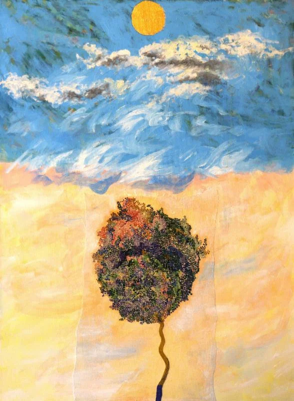 "The Source'' (oil paint, stitchery and gold leaf), by Judith Skoogfors-Prip, in her current show with Joan DeRugeris entitled "Twists and Turns,'' at the Providence Art Club.