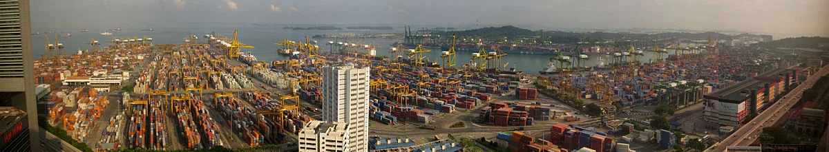 The gigantic container port of Singapore.