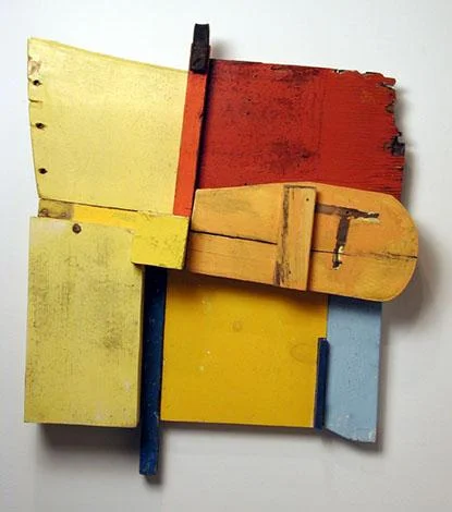 Wood assemblage by Mike Wright in the current show "Wood as Muse,'' at the Art Complex Museum, Duxbury, Mass. Wright hunts for old painted wood on Provincetown's beaches and streets.
