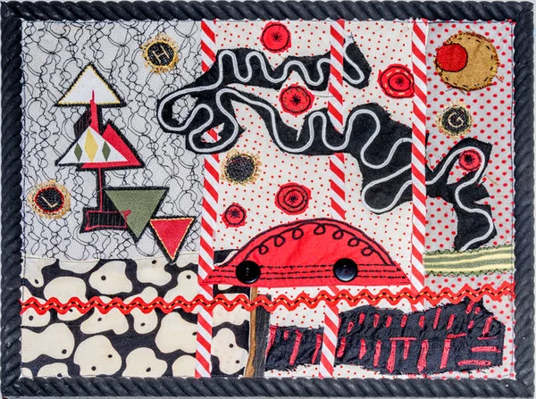 "Sunday Drive'' (textile and various media) by Grey and Leslie Held. In their show at the New Art Center, Newton, Mass., Dec. 8-Jan. 4.The gallery reports: "This exhibition features fabric collages made collaboratively by Grey Held, collaborative dr…