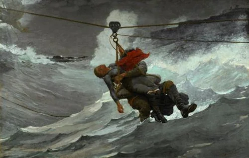 "The Life Line, 1884 (&nbsp;oil on canvas), by Winslow Homer, in the show "Coming Away: Winslow Homer and England,''&nbsp; at the Worcester Art Museum, through Feb. 4. Of course he was most famous for his paintings of New England scenes. 