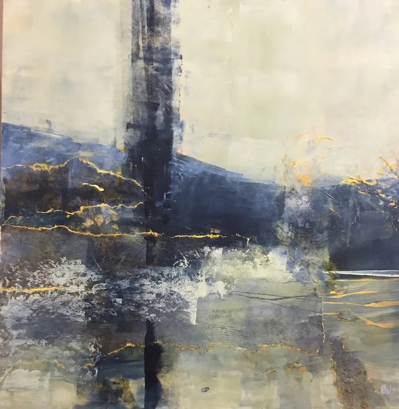 "Moving Shadows" (oil and embedded rice paper on braced birch panel),&nbsp; by Fran Busse, at Alpers Fine Art, Andover, Mass.
