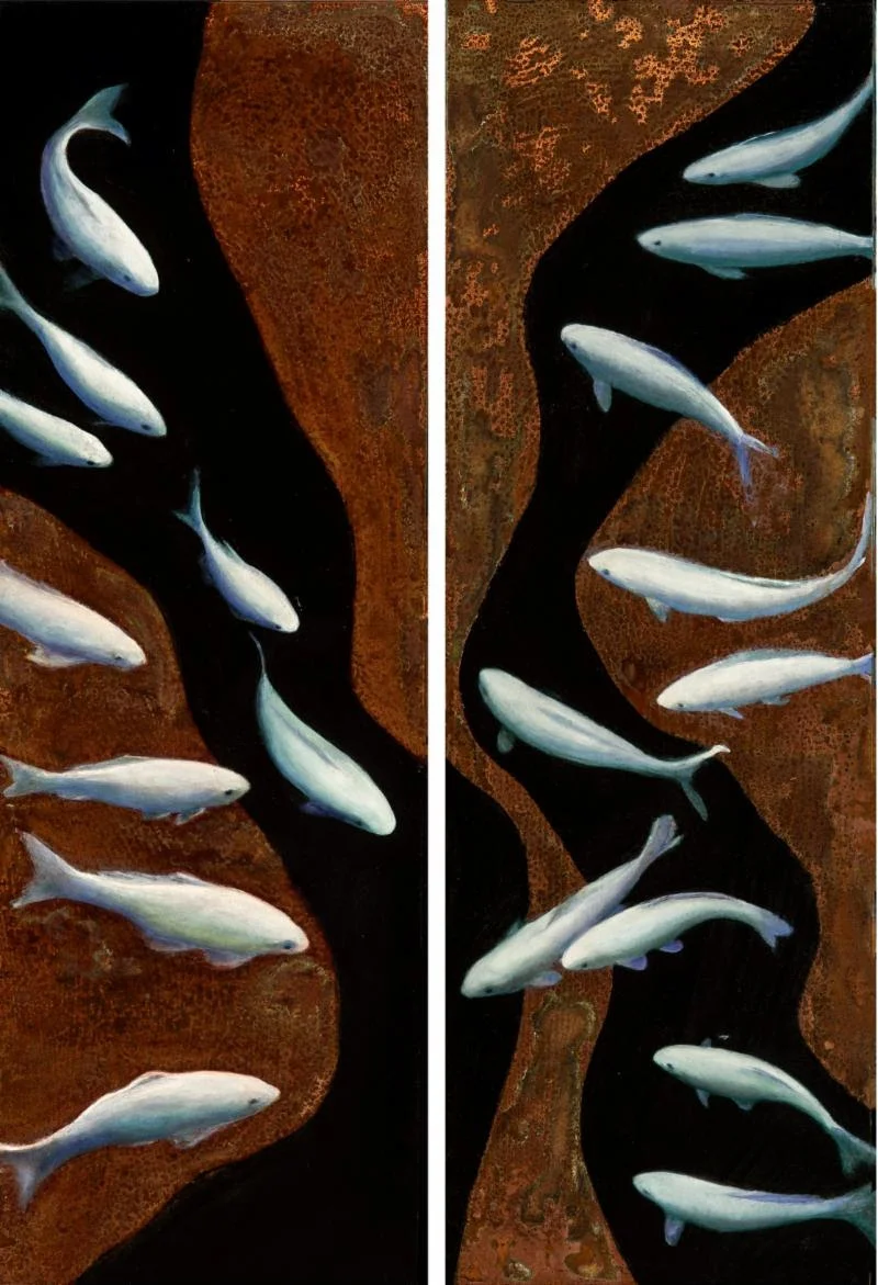 "Order and Chaos'' (diptych, oil on copper), by Nora Charney Rosenbaum, in the show "Ghost Fish,'' at Galatea Fine Art, Boston, May 30-July 1. She says: "The underlying theme of this group of work is the movement of water as a metaphor for my recent…