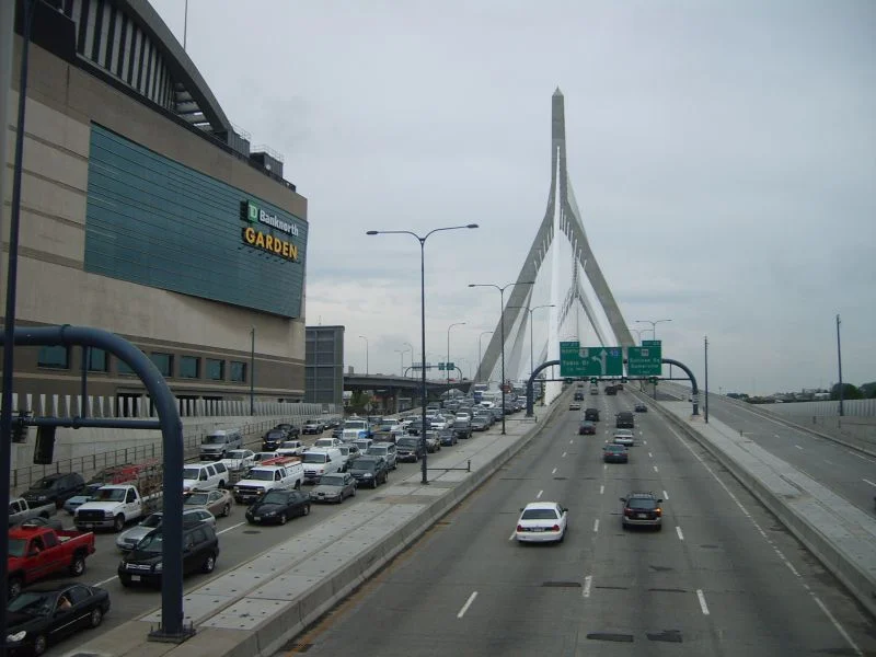 &nbsp;Traffic stopped on intown side coming off the Zakim Bridge and going by the TD Garden, in downtown Boston.