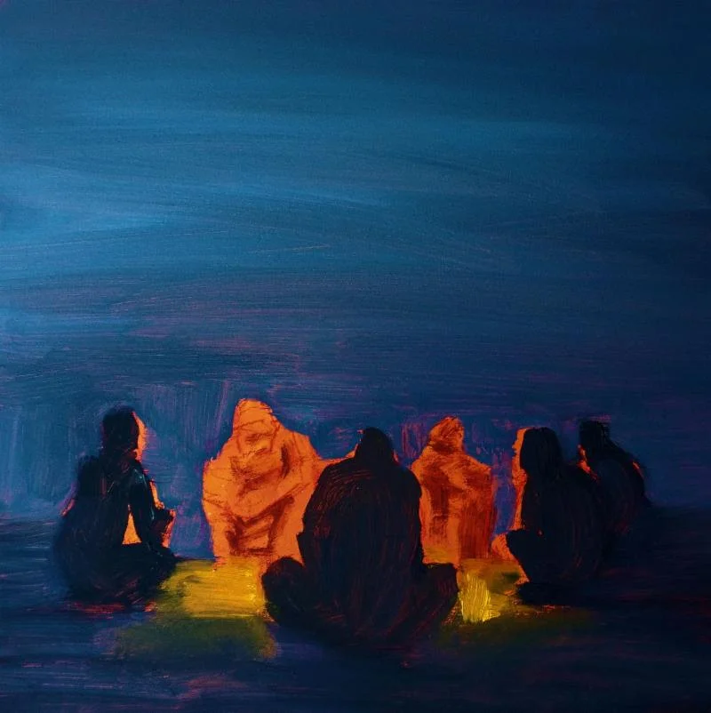 "Tell Us Again'' (oil on panel), by Colin McGuire, in the group show "Close to Home,'' at Galatea Fine Art, Boston.