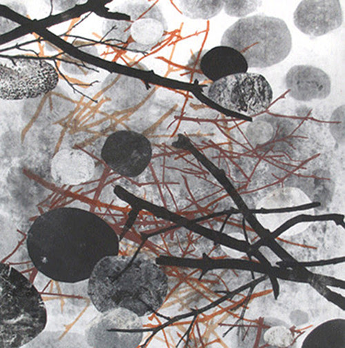 "Sticks and Stones B9'' (monoprint), by Joan Hausrath, in "The Fifth National Monoprint Juried Exhibition,'' at the Art Complex Museum, Duxbury, Mass., through Sept. 2.
