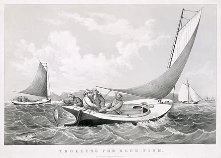 "Trolling for Bluefish,'' lithograph by Currier & Ives , 1866 .