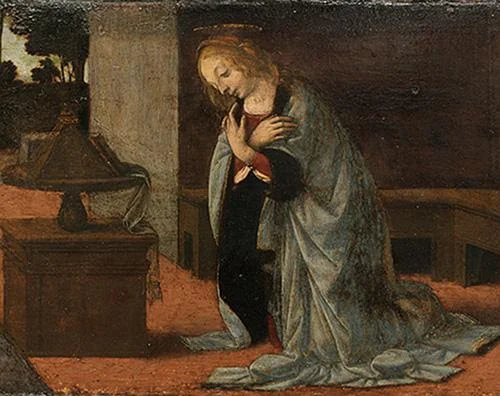 "The Annunciation'' (oil on panel, detail), circa 1475-79, by Leonardo da Vinci, in the show "Discoveries at Verrocchio's Studio,'' to run through Oct. 7 at the Yale University Art Gallery, New Haven. The painting is on loan from the Louvre. The exhibition looks at the work known to have been created in the teaching studio of the sculptor, painter, and goldsmith Andrea del Verrocchio during da Vinci's early apprentice years.