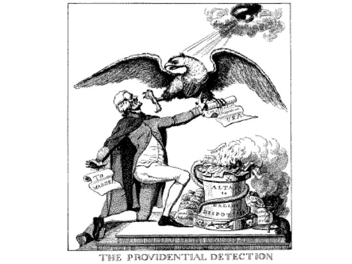 Anti-Jefferson cartoon in the 1800 election campaign depicts him burning the Constitution.