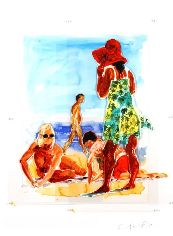 “Two Woman and Boy’’ (pinned Mylar collage), by Eric Fischl, in his current show “Eric Fischl: Recent Work,’’ at the Adelson Galleries, Boston. Adelson says: “Our newest exhibition features a collection of Fischl’s most recent prints, paintings and sculptures that explore private moments in public spaces. Using Mylar collage, glass sculpture and poured resin, our collection of pieces invite the viewer to a dialog about transparency and the human image spanning among two and three dimensions. Through a variety of increasingly modern techniques, his recent works are a fine-tuned, energetic and thought provoking evolution to his early works.’’