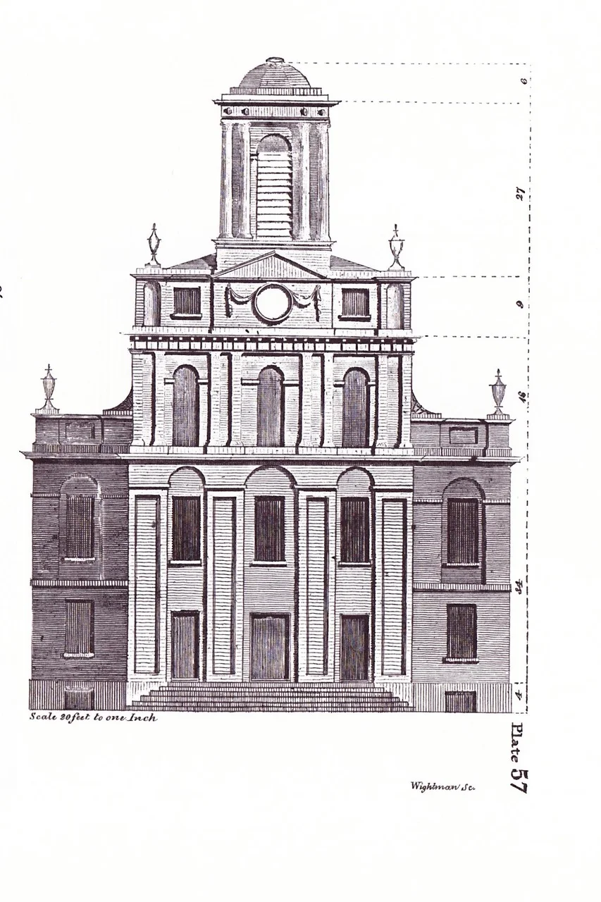 Asher Benjamin’s West Meeting House, Boston. The church is in late Georgia, of Federal, style. This is the likely source for the Sedgwick cupola.