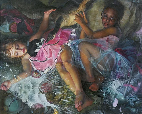 “The Tea Party’’ (oil on linen), from the series “Babes the Woods,’’ by Margaret Bowland, in her show “It Ain’t Necessarily So,’’ at the de Menil Gallery, at the Groton School, Groton, Mass., through Nov. 9. The gallery says that Ms. Bowland “ creates realistic, detailed portraits of costumed or made-up women and girls. Bowland demonstrates how much women must change themselves in order to be conventionally attractive and appeal to others. At the same time, women try to express themselves through the makeup and costumes.’’ The Groton School (see picture below), founded in 1884 and in an affluent Boston exurb, was the alma matter of some famous people, most notably Franklin D. Roosevelt, and a symbol of New York-New England WASP “old money’’ families. Louis Auchincloss’s most famous novel, The Rector of Justin, is roughly based on Groton, which is affiliated with the Episcopal Church (natch!), and its formidable founding headmaster, The Rev. Endicott Peabody. Auchincloss graduated from Groton in 1935 and died in 2010. Groton is also known for its beautiful old houses and its apple orchards.