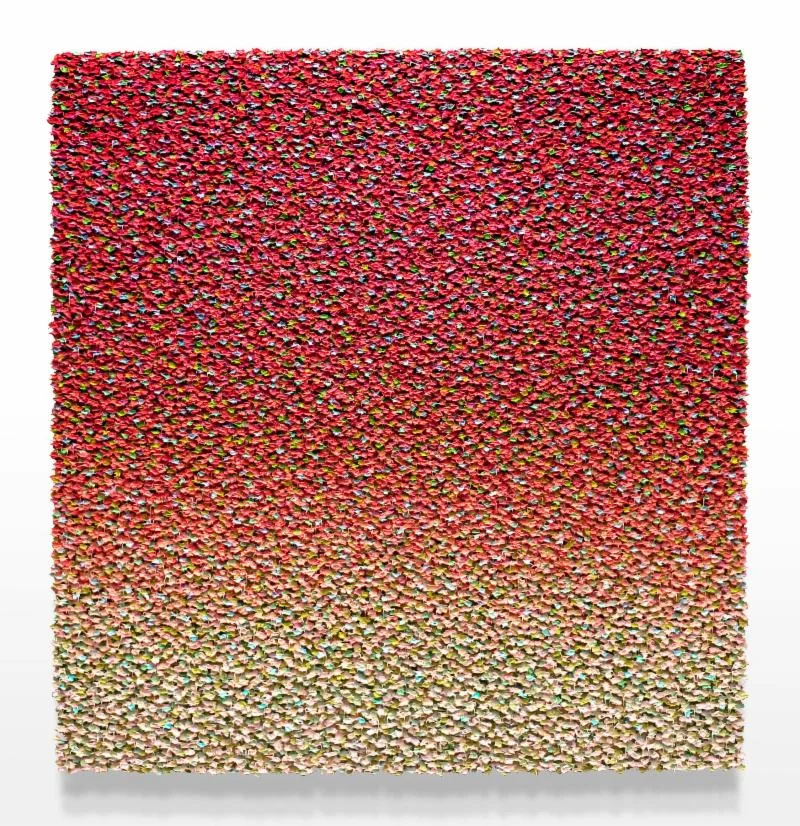 Silicone on canvas mounted on panel — a work by Robert Sagerman, in the current group show “Room for Play,’’ at Heather Gaudio Fine Art, New Canaan, Conn. The gallery says: “Robert Sagerman combines mysticism and investigation of color relationships in his paintings. He builds up the texture by squeezing individual dollops of paint he has mixed himself, slowly amassing the surface with a deliberate fashion. Sagerman counts and records ever single pigment application and keeps track of the numbers that are typically in the thousands. The practice of counting is a meditation based in medieval Jewish mysticism, a method Kabbalists believed could bring forth divine clarity. Sagerman’s technique makes for richly textured, captivating and mesmerizing color field paintings.’’