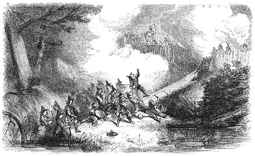 Engraving depicting the colonial assault on the Narragansett Indians’ fort in the Great Swamp Fight , in what is now the State of Rhode Island, in December 1675. It was a massacre, in which about 600 members of the tribe were killed.