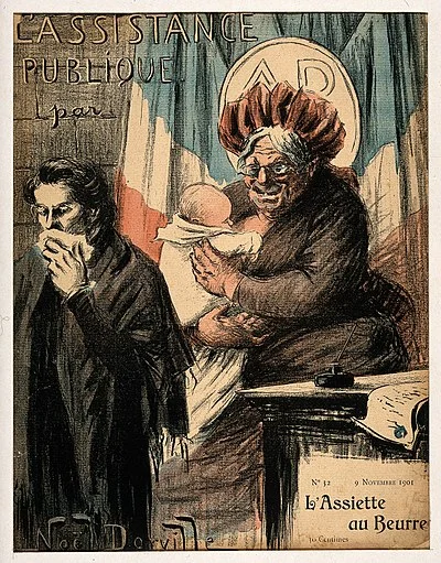 An old wet nurse symbolizing France as nanny-state and public health provider (color photomechanical reproduction of a lithograph by N. Dorville, 1901).