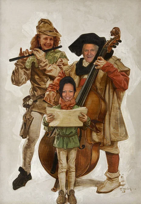 Based on “Christmas Carolers’’ (oil on canvas), by J.C. Leyendecker, for the Dec. 21, 1907 Collier’s magazine cover at the National Museum of American Illustration, Newport. This takeoff features Judy Goffman Cutler, museum director and co-founder; Laurence S. Cutler, chairman/CEO and co-founder, and Jill Perkins, museum shop manager/interior administrator.