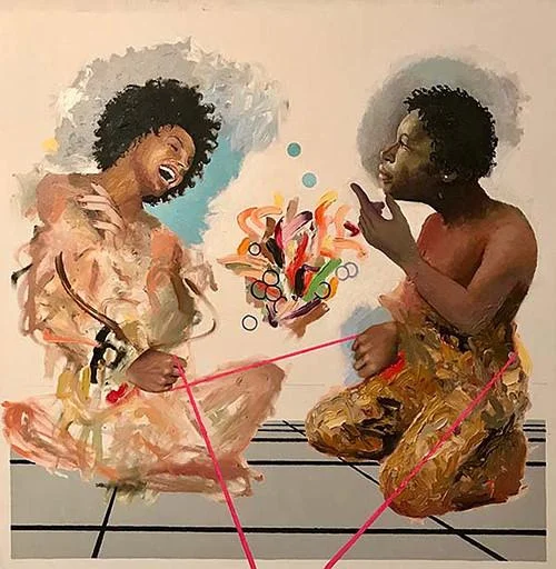“Small Blue Thing’’ (oil on canvas), by Christopher Sullivan, in his show “Between the Lines,’’ at the Bromfield Gallery, Boston, Jan.2-27. He paints to probe relationships.