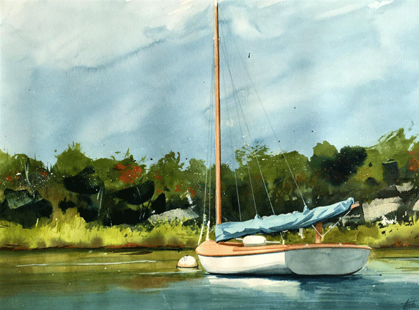 “Beetlecat on Weirs Beach’’ (in Laconia, N.H., on Lake Winnipesaukee} (watercolor), by Jon Fish, at the Art Complex Museum, Duxbury, Mass. These centerboard boats are most associated with Cape Cod.