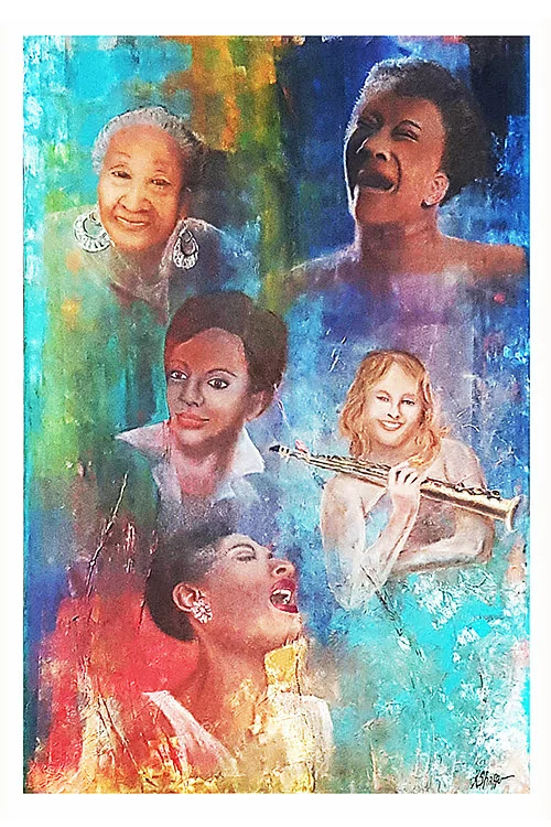 From the show “Women of Jazz: Portraits by Kate Shaffer,’’ at the Carney Gallery, Regis College, Weston, Mass., opening Feb. 7. The gallery says: “Reflecting the diverse spectrum of talent from the 1920s to the present, from composers and bandleaders, to singers and producers, this exhibit honors the remarkable contribution women have made to this truly American form of musical expression.’’
