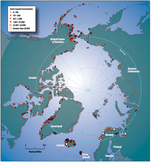 The dots identify human population centers in and around the Arctic.