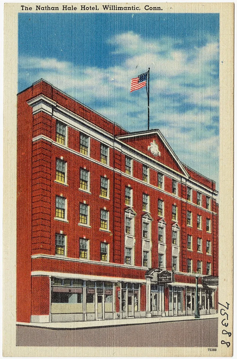 Above, the Nathan Hale Hotel in Willimantic, Conn., in better days. Below, the Hooker Hotel in recent dark days.