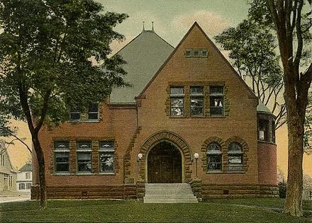 Postcard drawing of the New Milford Public Library, built in 1897-1898, as it appeared c. 1905.