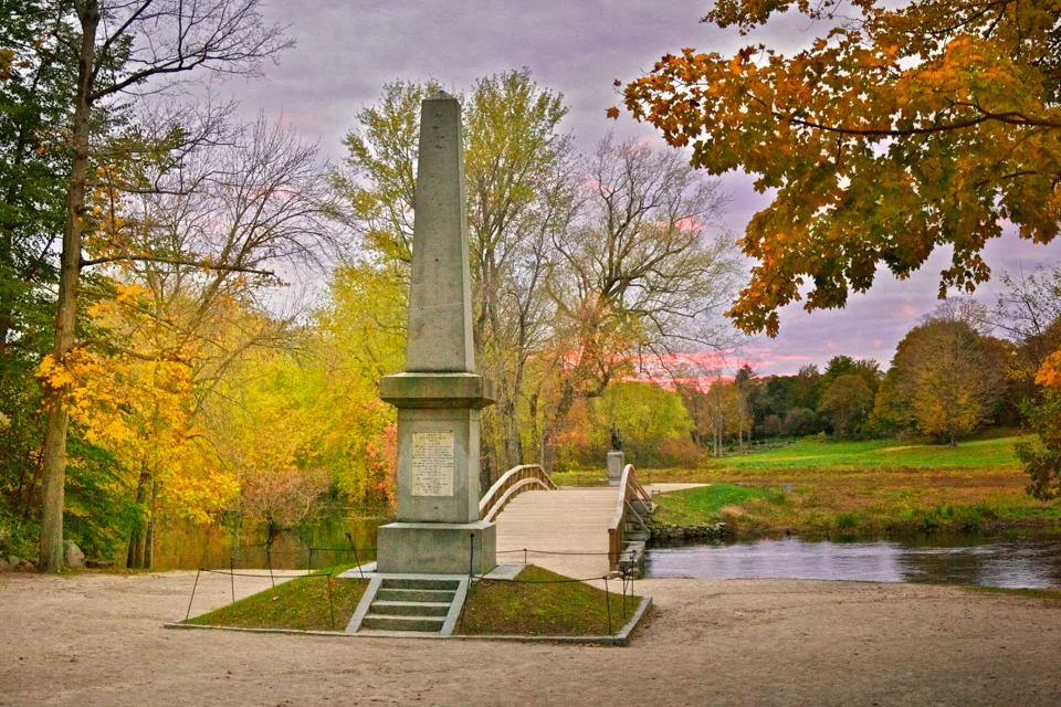 The current version of the Old North Bridge in Concord, site of the first major battle of the Revolutionary War, on April 19, 1775, the date once marked as Patriots Day in Massachusetts, though it is now set for “the third Monday in April.’’ There was a less important skirmish earlier that day in Lexington, down the road. The monument here celebrates that day, as does Emerson’s famous poem.