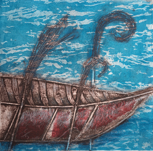 “The Red Canoe’’ (collagraph/linocut monoprint), by Leslie Kramer, in the show “Printmakers of Cape Cod: Floating Worlds,’’ at The Art Complex Museum, Duxbury, Mass., through Aug. 11.