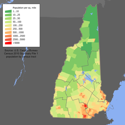 Population-density map of New Hampshire, ranked second-best state in the Union, with Washington State first.