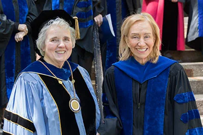 Emmanuel College President Janet Eisner, left, with Emmanuel College honorary degree recipient and commencement speaker historian Doris Kearns Goodwin on May 17.