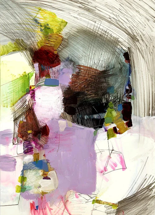 “Breakfast Meeting With the Birds’’ (gouache mixed media on Yupo paper), by Gretchen Warsen, in her June show at Bromfield Gallery, “Some Assembly Required’’ — abstract paintings on paper that refer to nature and manmade structures.