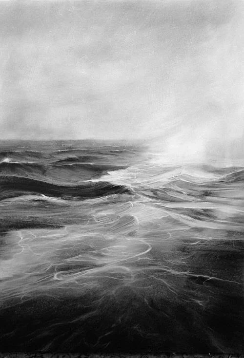 “The Wake of the Gannett’ ( oil on panel), by Jennifer Day, in her show “Endless,’’ through July at Bromfield Gallery, Boston. The gallery says that “her monochromatic paintings of oceans explore how the motion of air above and water currents below toss waves into a frenzy, defying order and logic. ‘‘