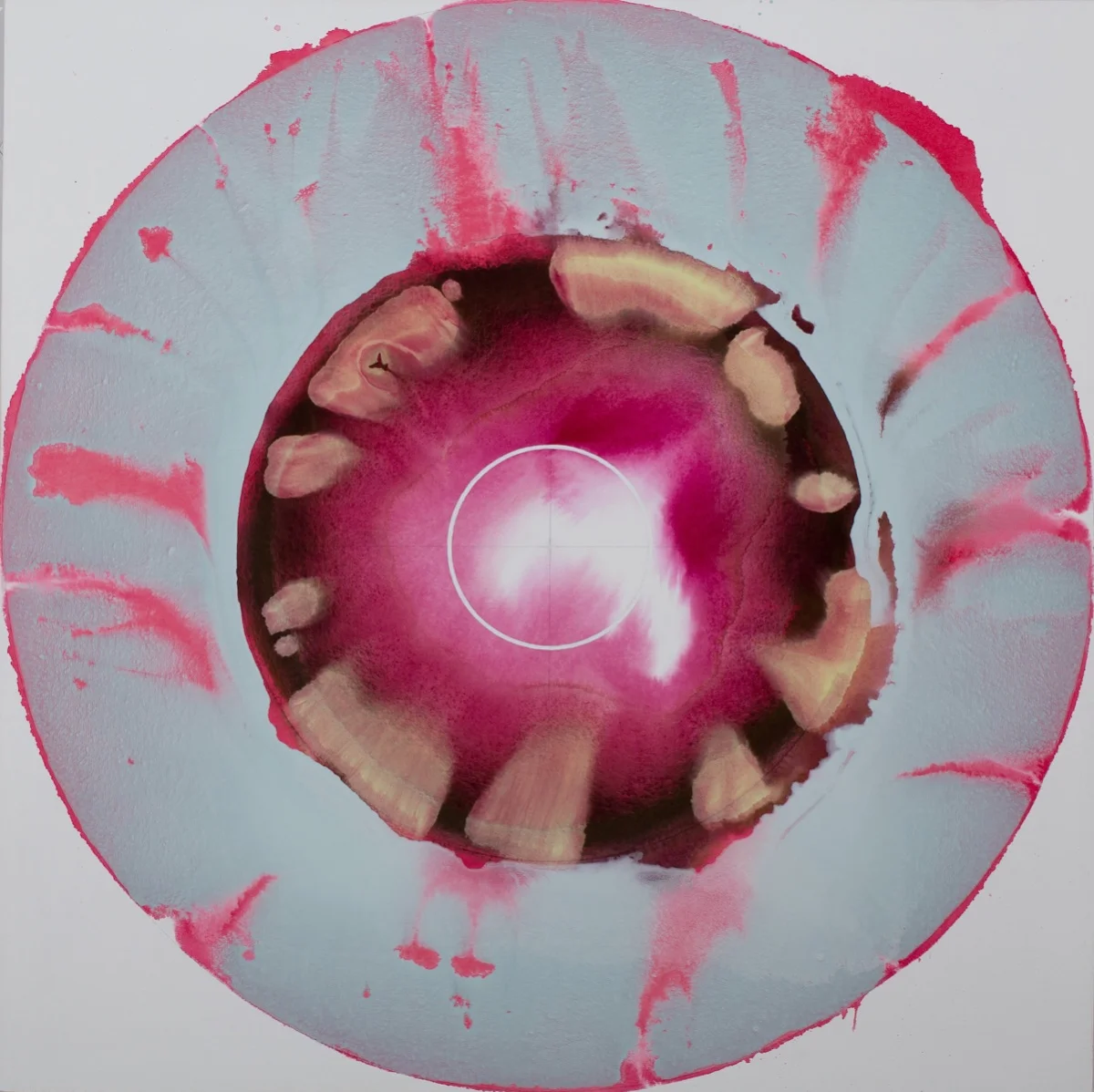 Emergence (mixed media on canvas), by Honour Mack, in the group show “FLUX II,’’ July 6 through Aug. 10, at the Corey Daniels Gallery, Wells, Maine.