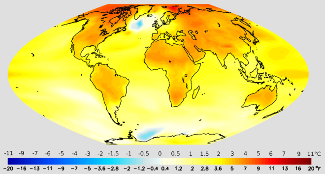 Projected change in annual mean surface air temperature from the late 20th century to the middle 21st century, based on a medium emissions scenario . This scenario assumes that no future policies are adopted to limit greenhouse gas emissions. — Image credit: National Oceanic and Atmospheric Administration