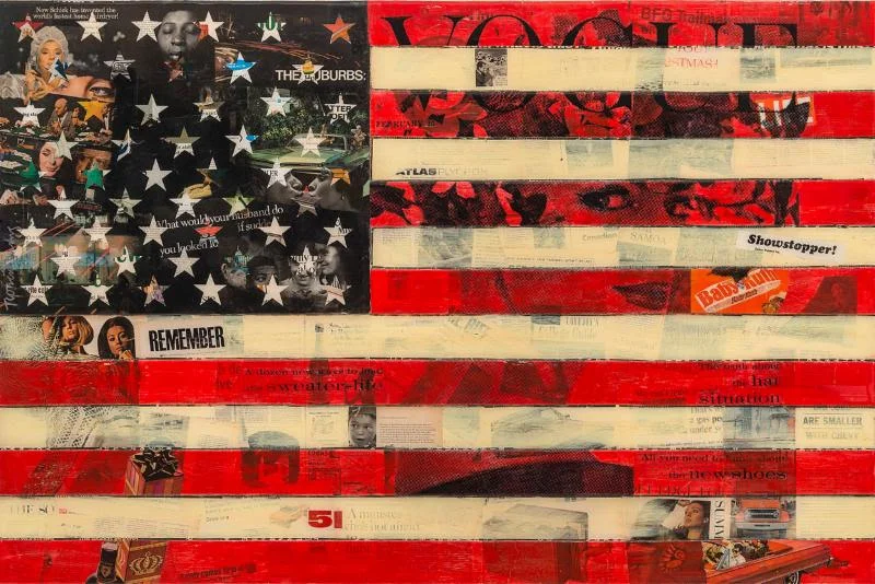 “Showstopper’’ (collage and resin on panel), by Rob Mars, in “Summer Group’’ show at Lanoue Gallery, Boston, through July 28.