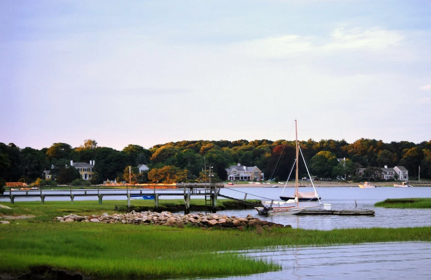 In Duxbury, view of Bluefish River inlet, with “King Caesar House’’ at left. The Federal-style mansion was built in 1809 for Ezra Weston, a well known shipbuilder and merchant nicknamed King Caesar for his influence and prosperity.— Photo by Ruth W.…