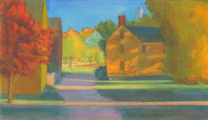 “Lowd House Shadows, Fall’’ (gouache on paper), by Carol Aronson-Shore, at Alpers Fine Art, Andover, Mass.