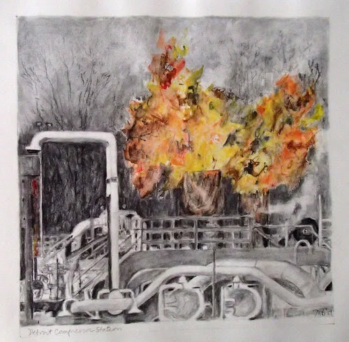A charcoal drawing of a new gas compressor station in Detroit, by Margaret Bellafiore, in the show “The Eye Sees, the Mind Wonders: South Shore Artists Work to Save their Coast ‘‘ through Sept. 30 at the Milton (Mass.) Art Center. The gallery explains that artists from towns across the South Shore have joined to create a case against the fracked-gas compressor station proposed by Enbridge Gas Transmission for Weymouth. The artists assert that the station could destroy the Fore River Basin by filling it with toxins and sickening residents by polluting the air.