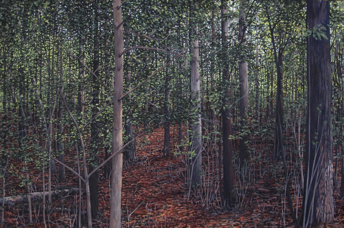 “ Passage: Forest Hills Cemetery #2 “ (gouache on panel), by Vivki Kocher Paret, in her show “Among Trees,’’ at Galatea Fine Art, Boston, Oct . 31-Dec. 1 The gallery says: She “studies the visual pathways created by filtered light in environmental settings. Whether it be on the woodland floor, through water, or city buildings, the beauty inspired by the ephemeral nature of trees is found to be an uplifting feature in her work.’’