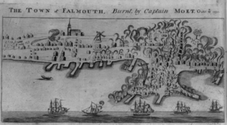 1782 engraving showing the British burning of Falmouth, Maine, in October 1775.