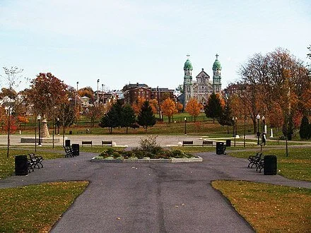 Kennedy Park in Fall River, with the famous towers of St. Anne’s Church in the background.
