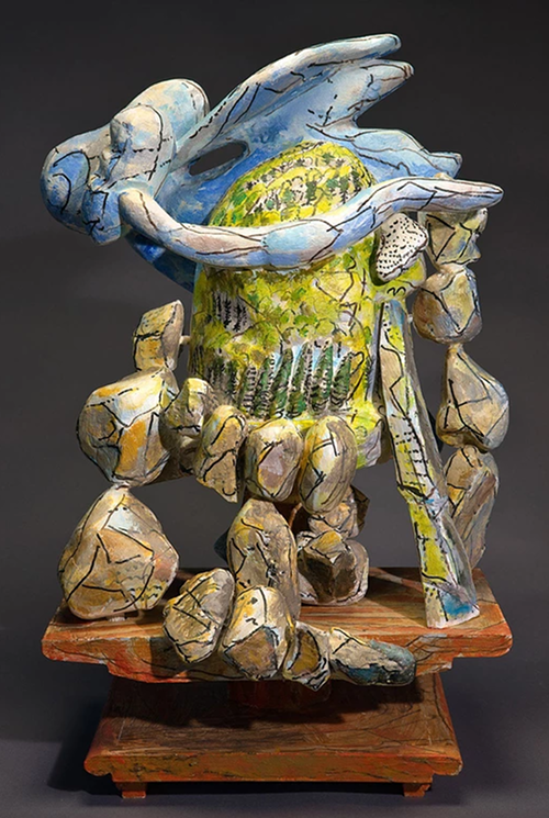 “Mountain View Spring,’’ by Nick Edmonds, in his show at Boston Design Center, through Nov. 29. His sculptures are made of wood and inspired by Japanese woodworking techniques he learned when he spent eight months in Japan during the 1970s. “Each pi…